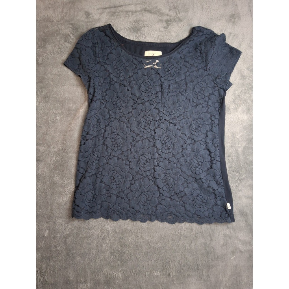 Hollister Y2K blue lace front short sleeve shirt small Pocket Solid Back Vintage